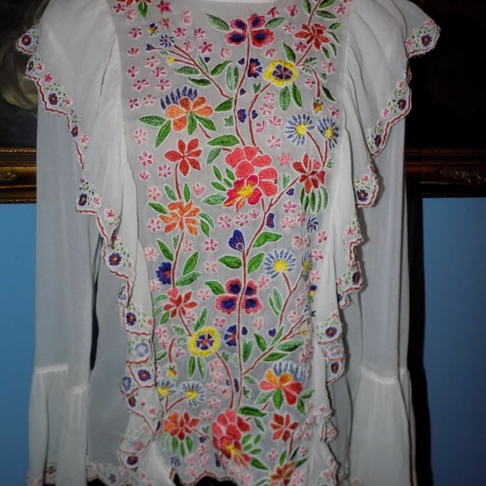 Anthropologie Sheer Floral Embroidered Ruffled Top